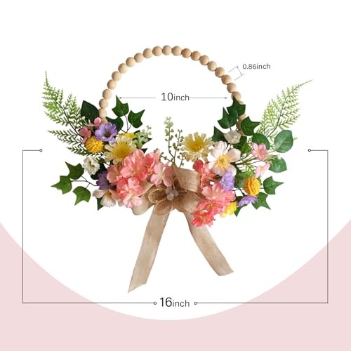 16 Inch Artificial Spring Wooden Bead Wreath with Flower Bow Summer Hydrangea