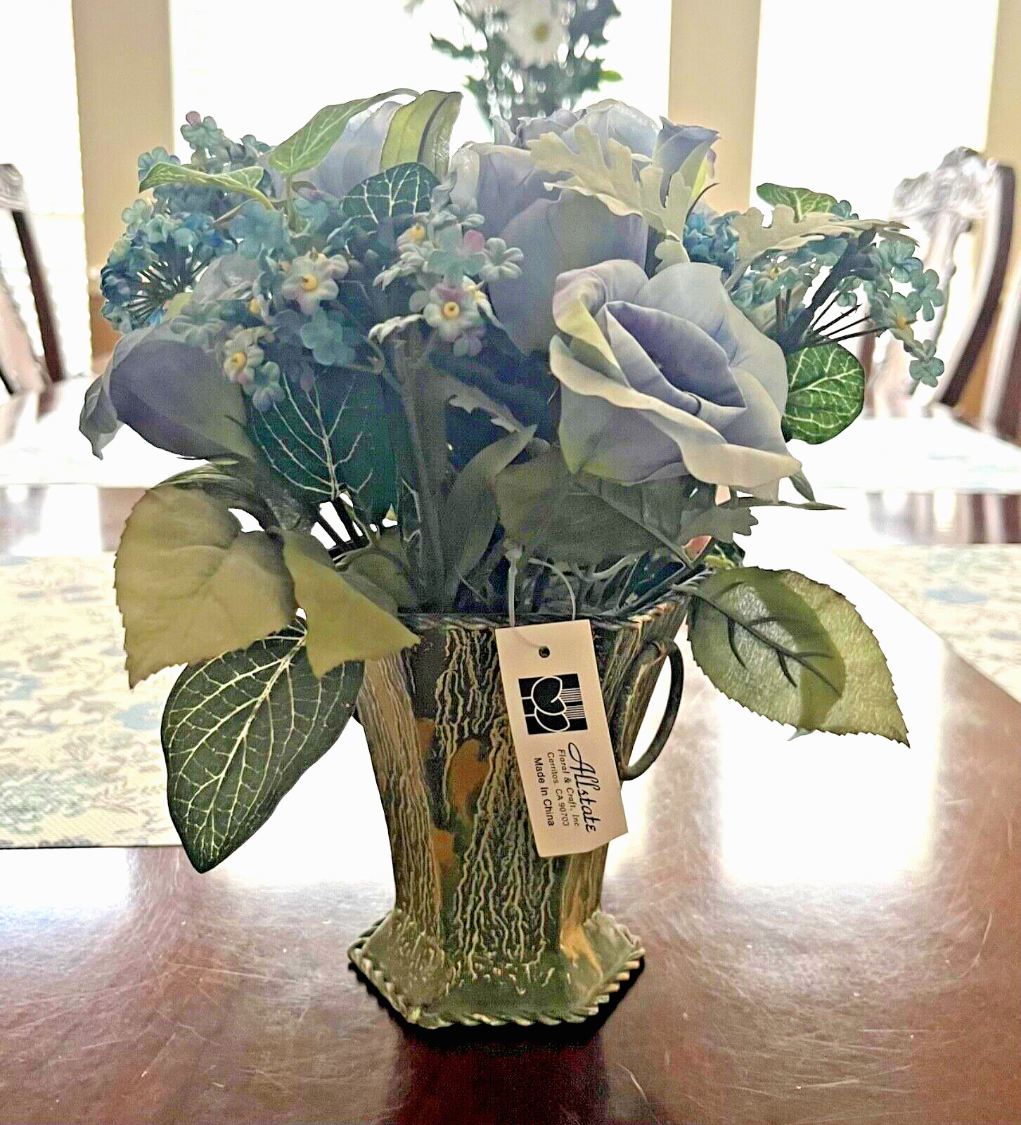 Sale!6 Silk Blue Roses Faux Floral Rustic Metal Vase Home Accessory Gift