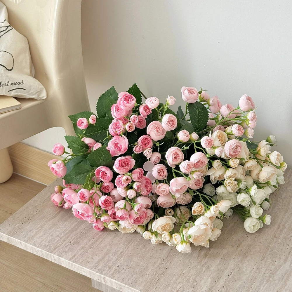 18 Inch 12 Head Artificial Camellia Bud Bouquet Faux Silk Flowers for Home Livin