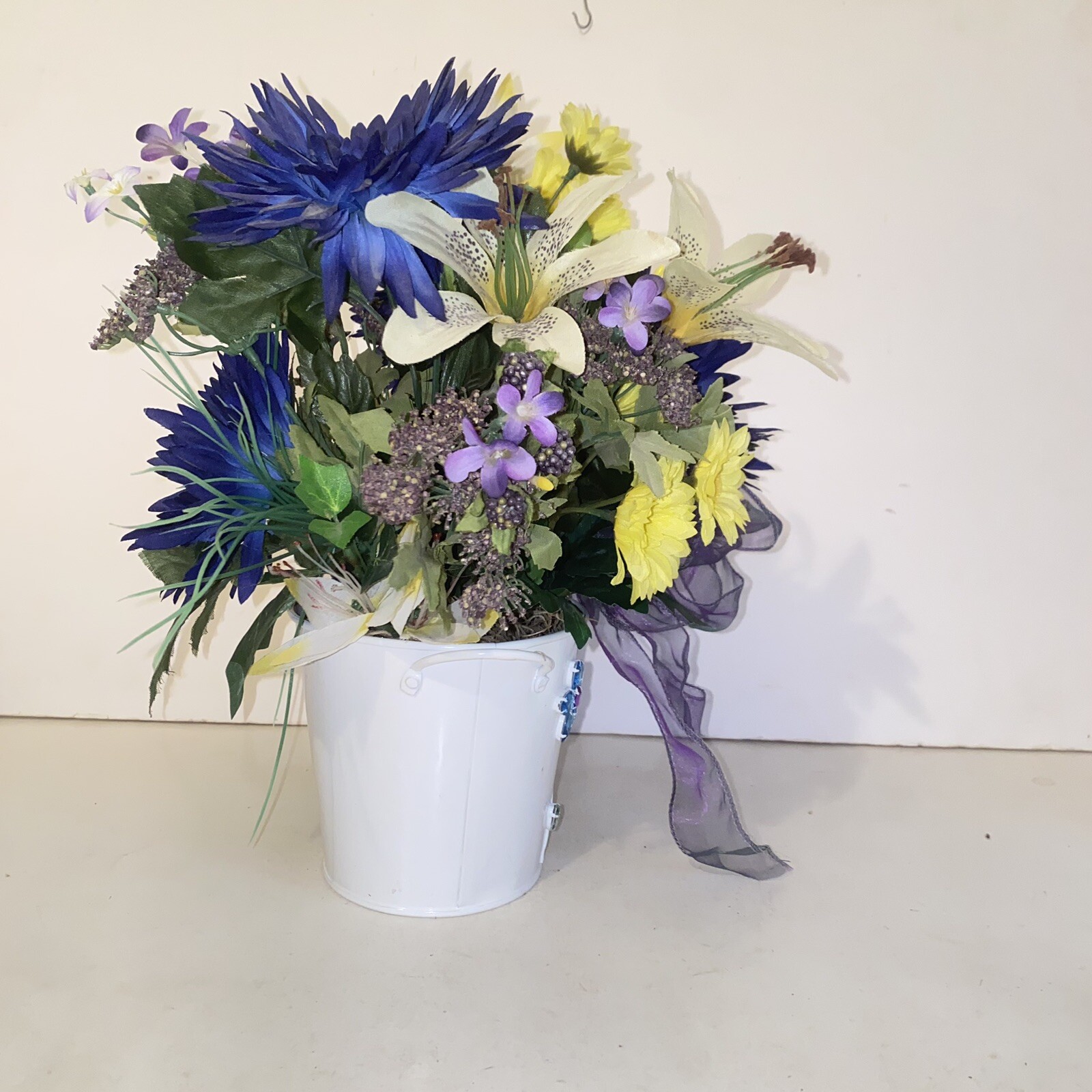 Blue Yellow & Purple Flower Arrangement in Rhinestone Jeweled Tin Planter