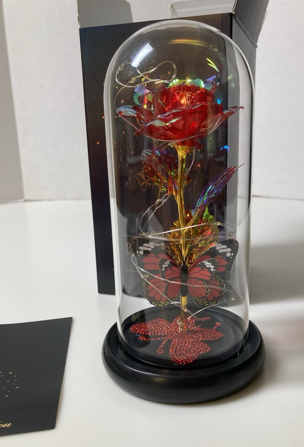 Lighted Flower & Butterfly Display Best Gift For You LED Glass Dome Red Rose New