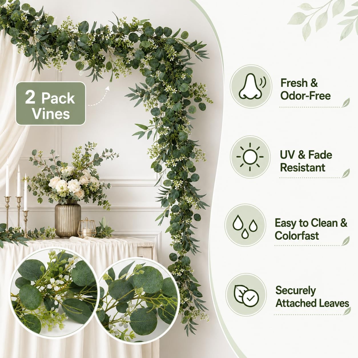 2 Pack 6 FEET Artificial Eucalyptus Garland Faux Silk Leaf Silver Dollar Euca…
