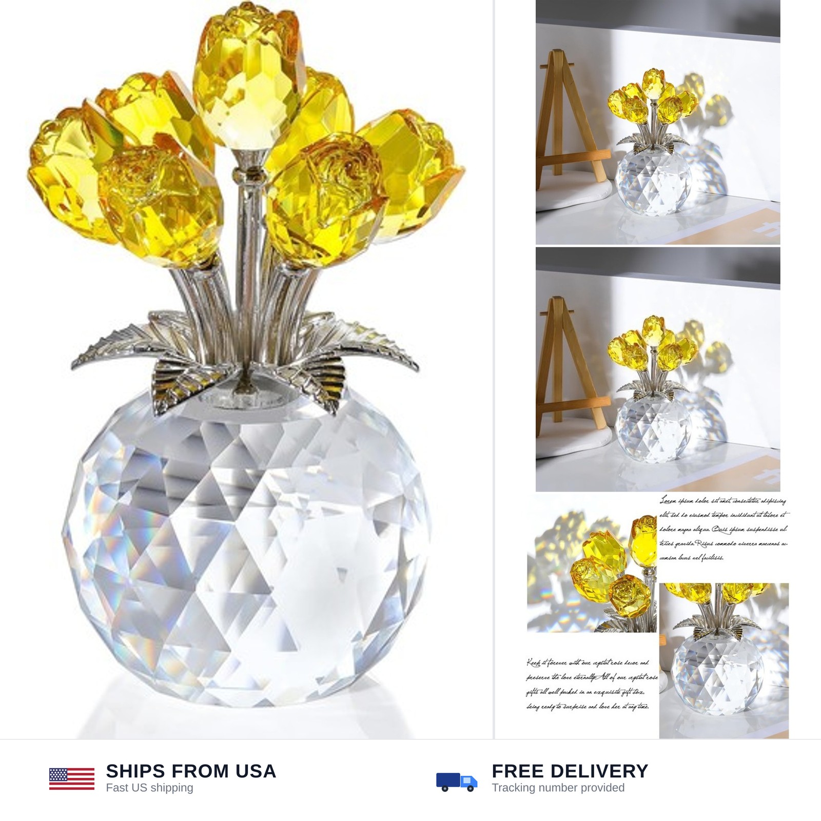Ornalrist Crystal Yellow Rose Flower Collectible Figurine, Rose Bouquet Flora…