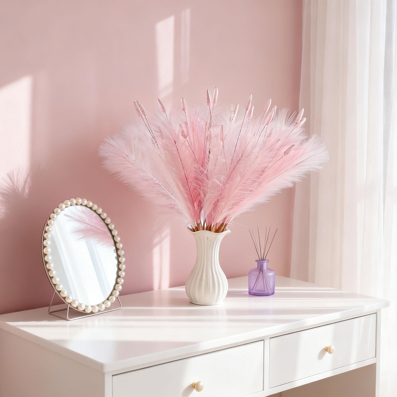Pink Pampas Grass Decor 23.6 Inch Faux Bunny Tails Artificial Flowers 45PCS