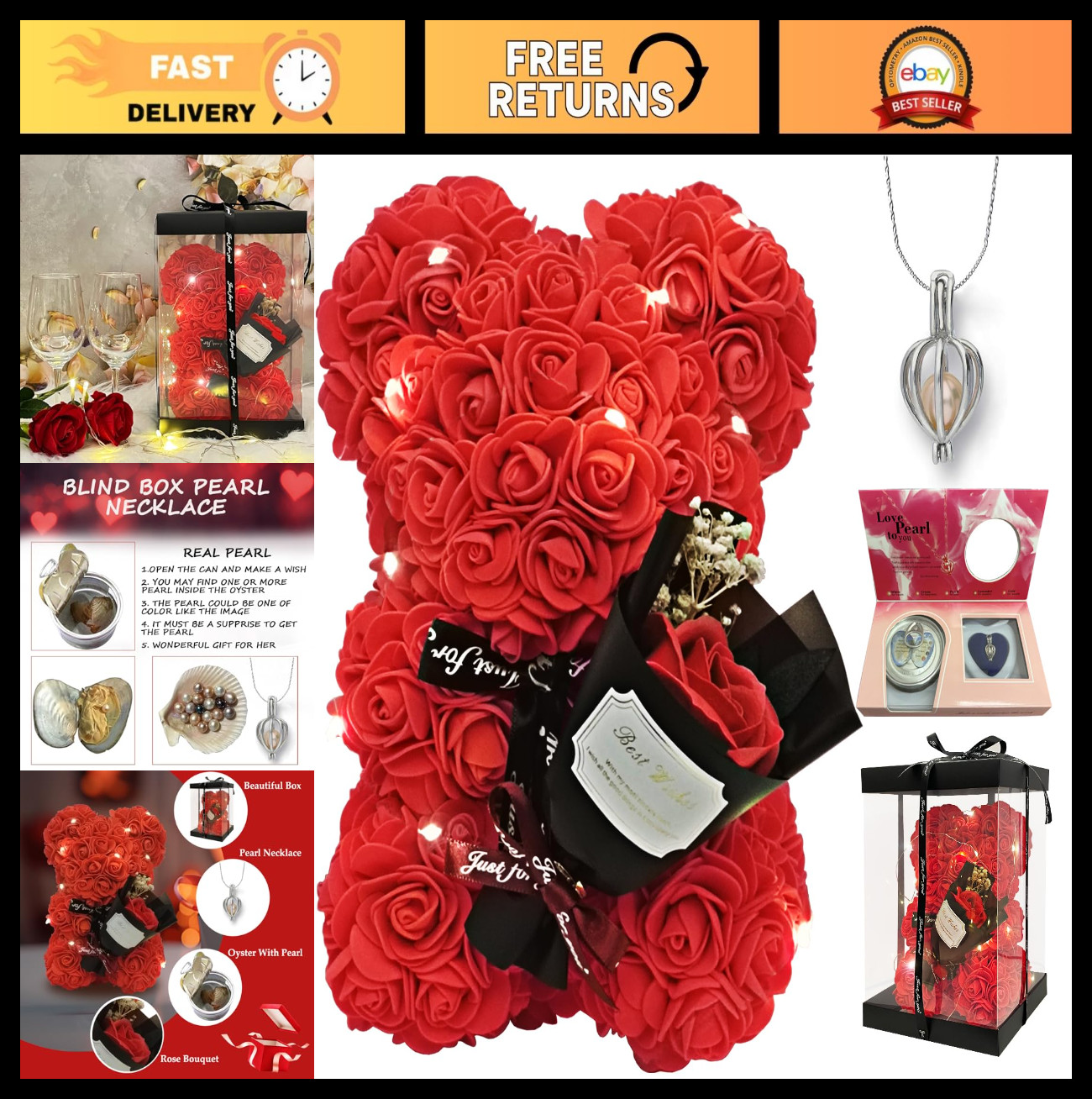 Artificial Flower Rose Teddy Bear with Preserved Bouquet & Pearl Necklace – Perf