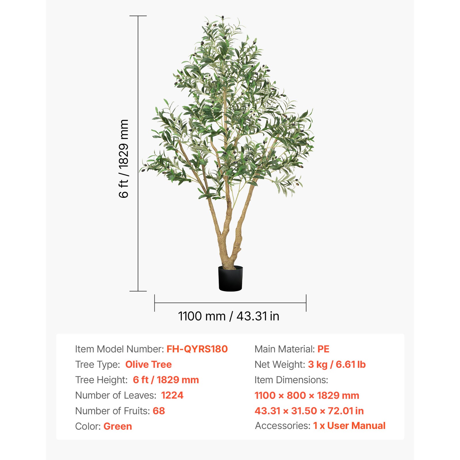 Uimoso 6FT Tall Faux Olive Tree with Black Pot for Home or Office Decor