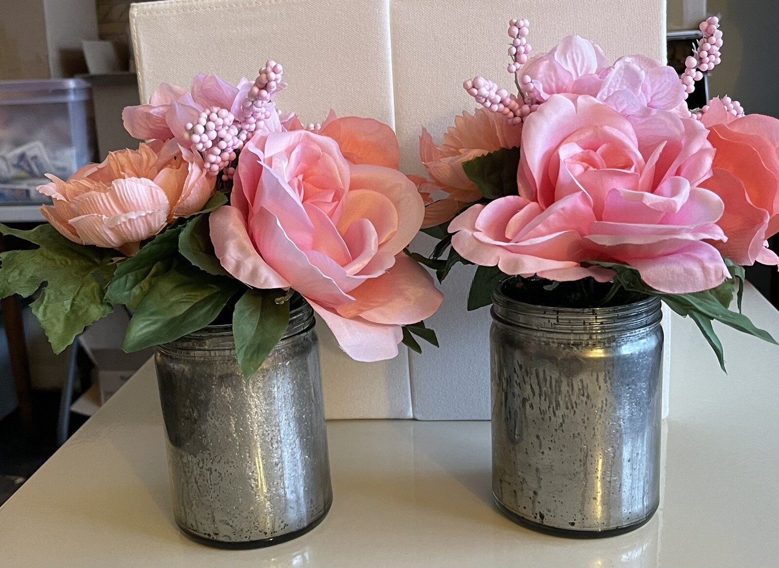 Set Of 2/11 Inch Artificial Pink Floral Arrangements In Vases(base 4 In width)