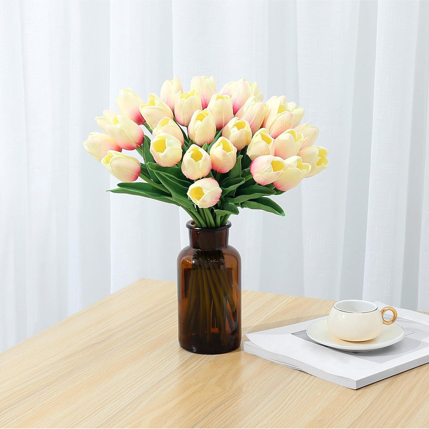 15Pcs Tulips Fake Pink Artificial Flowers Real Touch 14″ PU Flower for Home Deco