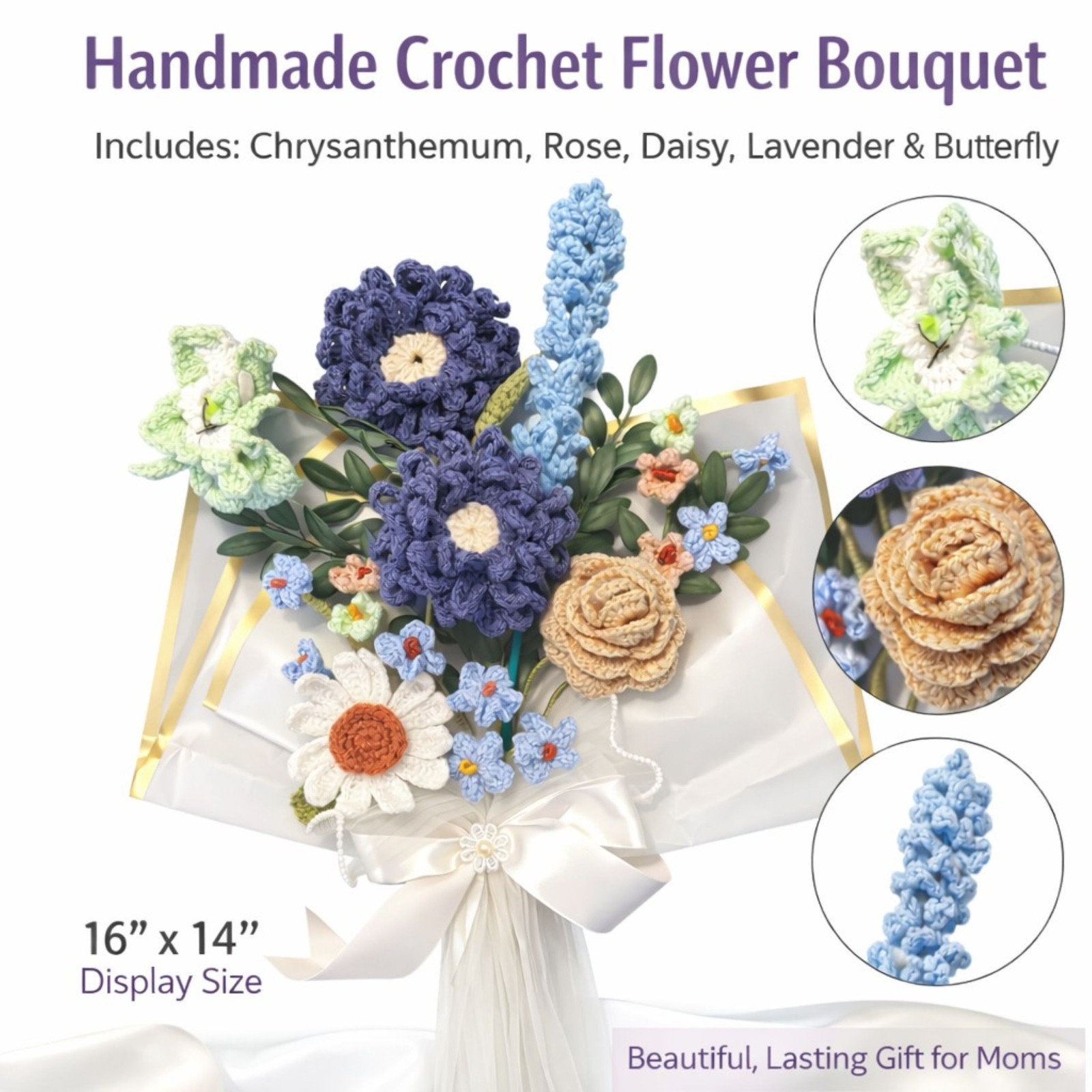 Hand Crocheted Flower Bouquete 16” x 14” Crochet Flowers Rose, Daisy Lavend