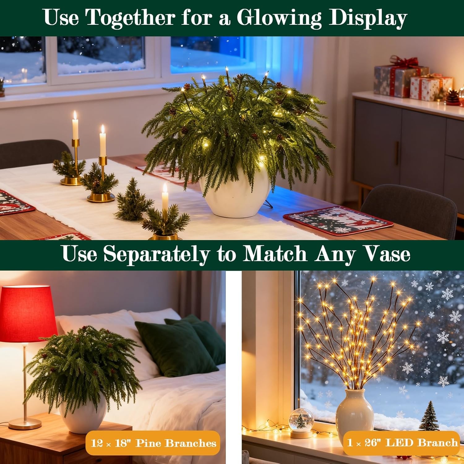 12 Pcs Christmas Norfolk Pine Branches with Branch Lights – 18″ Norfolk Pine Art