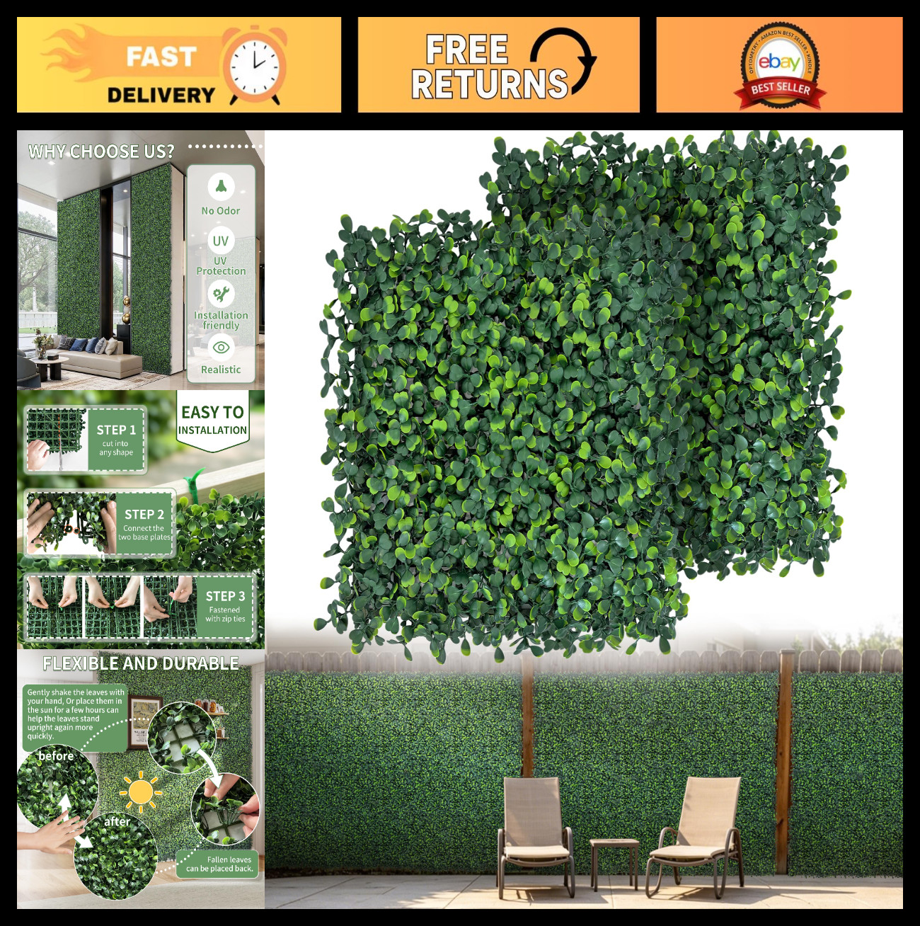 12 Pack 10″x10″ UV-Resistant Faux Boxwood Grass Wall Panels for Indoor/Outdoor D