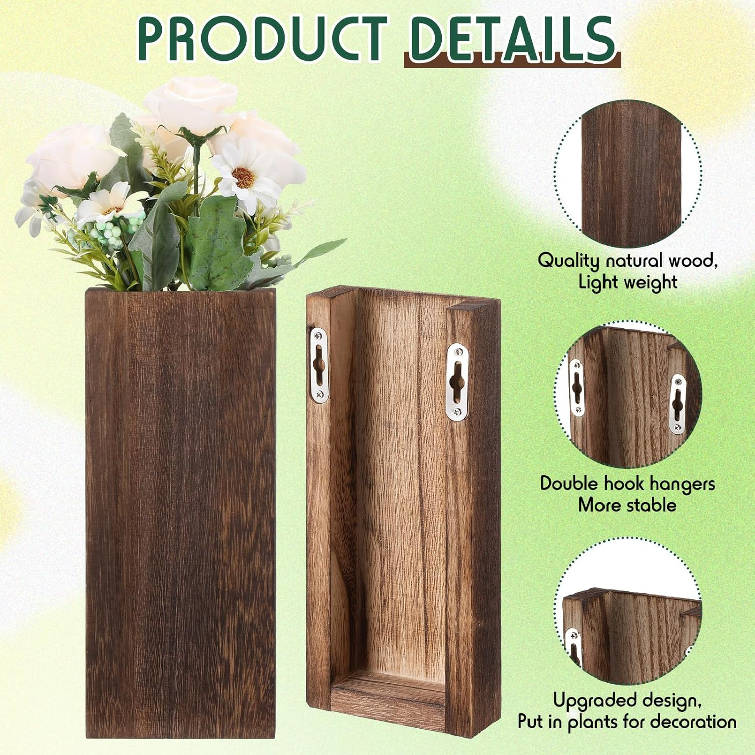 4 Pack Wood Wall Planter for Dried Flowers and Artificial Greenery Indoor Plants