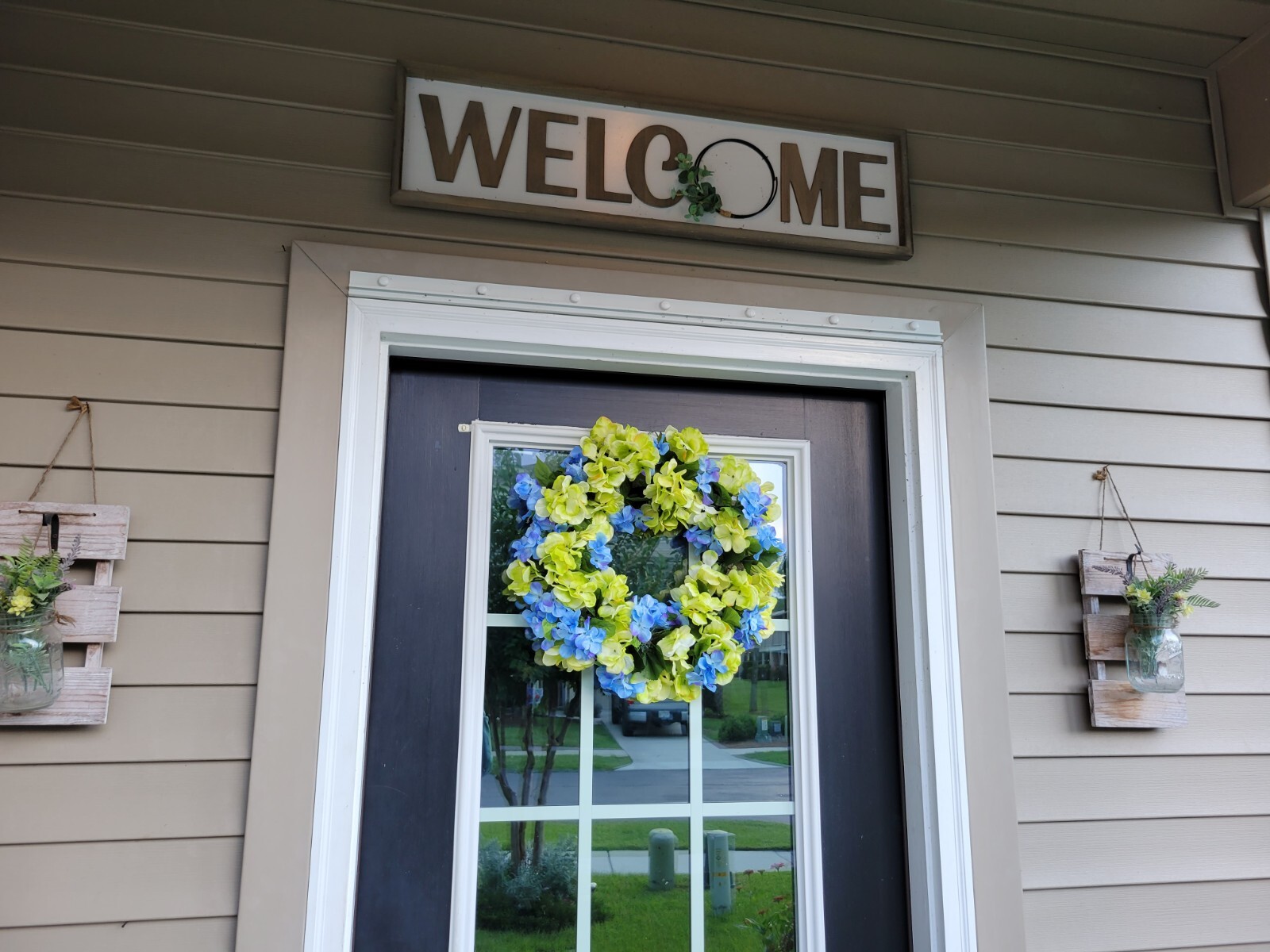 FLORAL one of a kind WREATH flowers Decor Front Door 16″ blue green Hydrangeas
