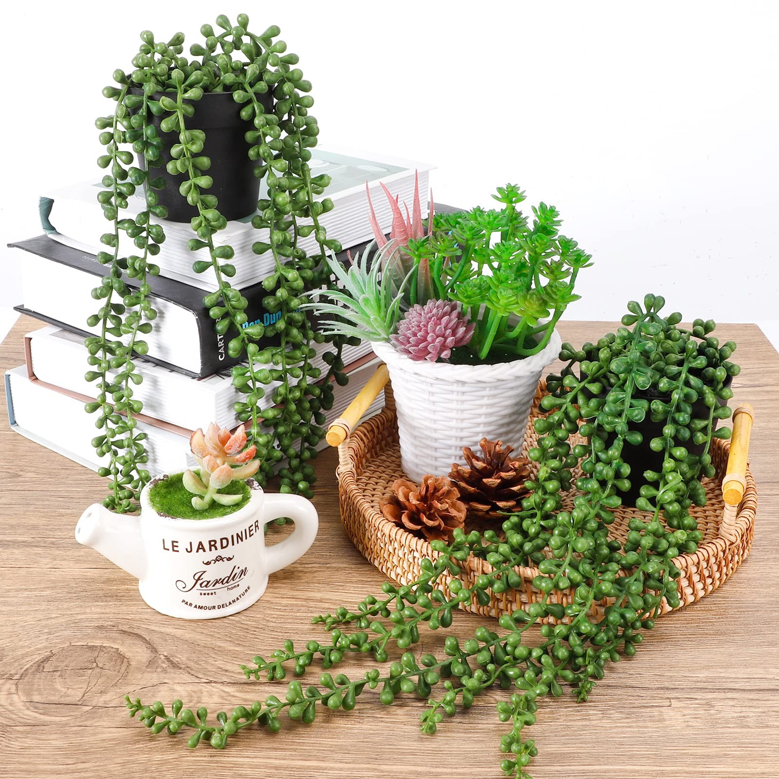 2 PCS Fake Indoor Plants, Artificial String of Pearls, Black Pots, Hanging Decor