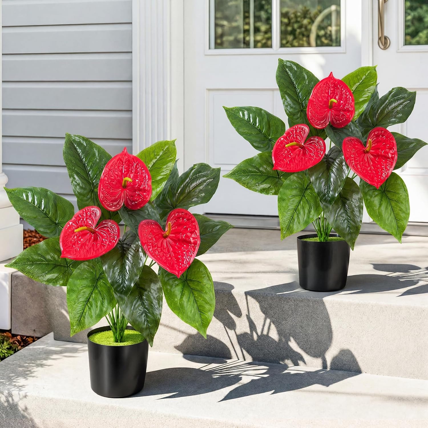 2 Pack Anthurium Artificial Flowers Plants with Pots for Indoor Outdoor Decorati