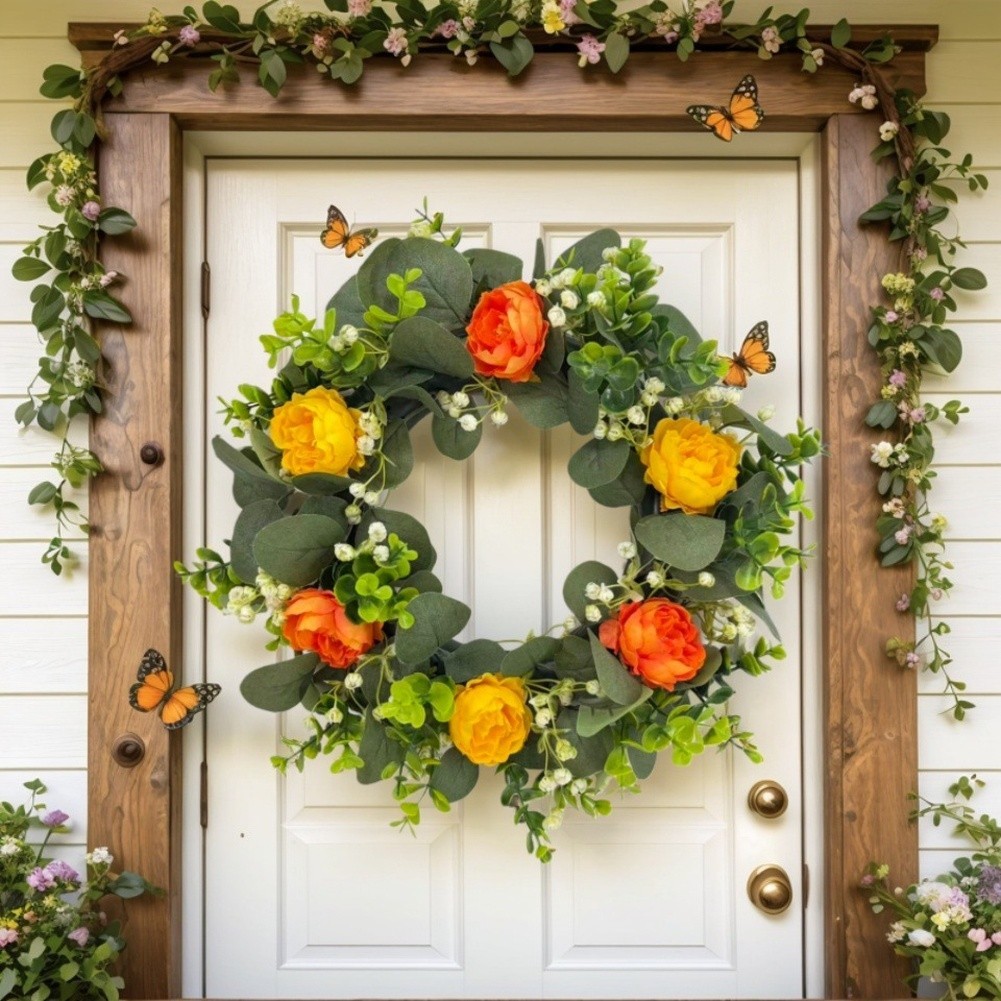 For Home Decor Artificial Wreath 38cm with Peonies Eucalyptus Plastic Material