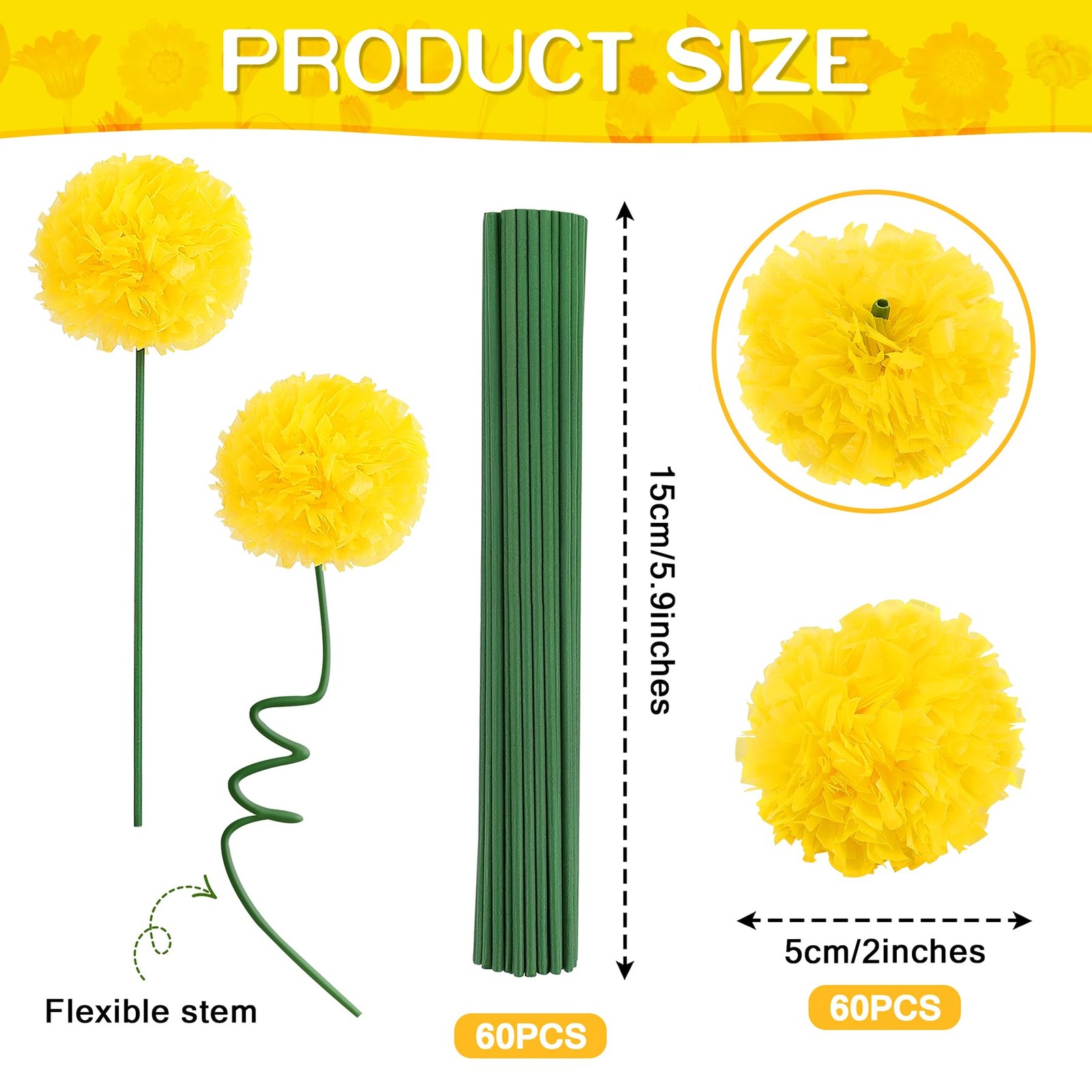 60PCS Diwali Marigold Flower Heads with Stems,Artificial Marigold Flowers for…