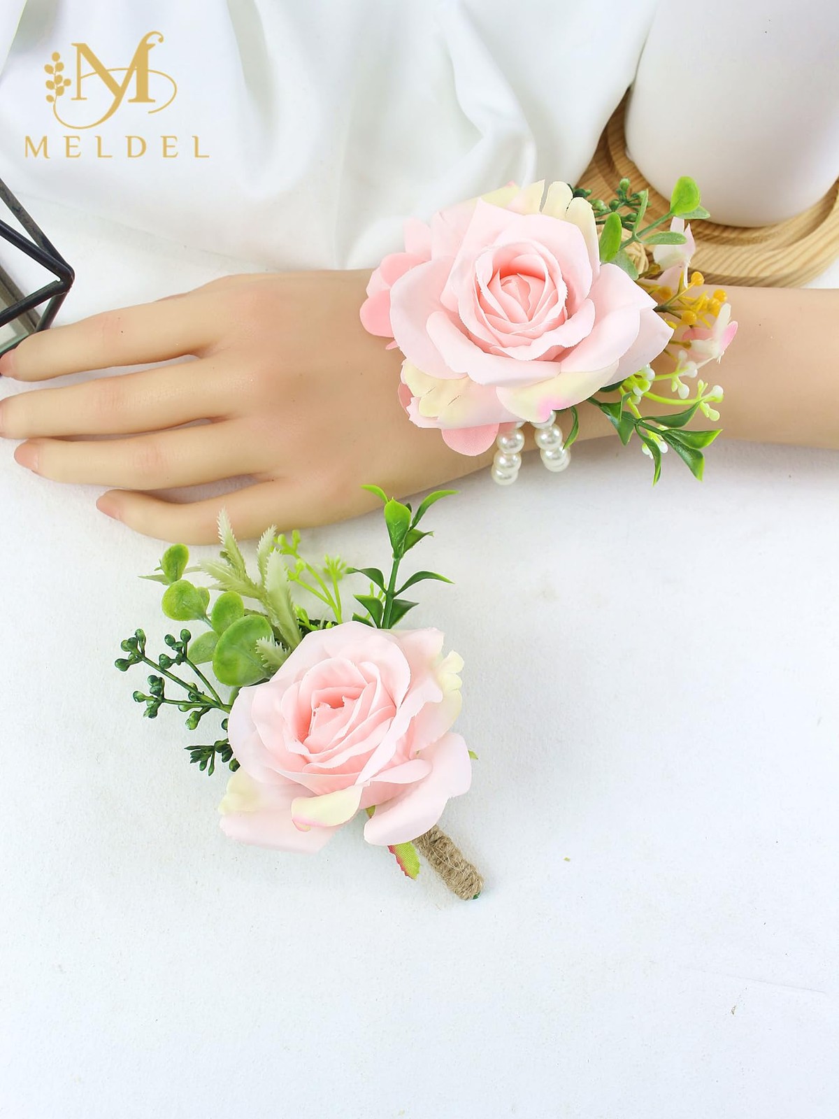 2 PCS Artificial Silk Rose Wrist Corsage Boutonniere Bride Wedding Prom