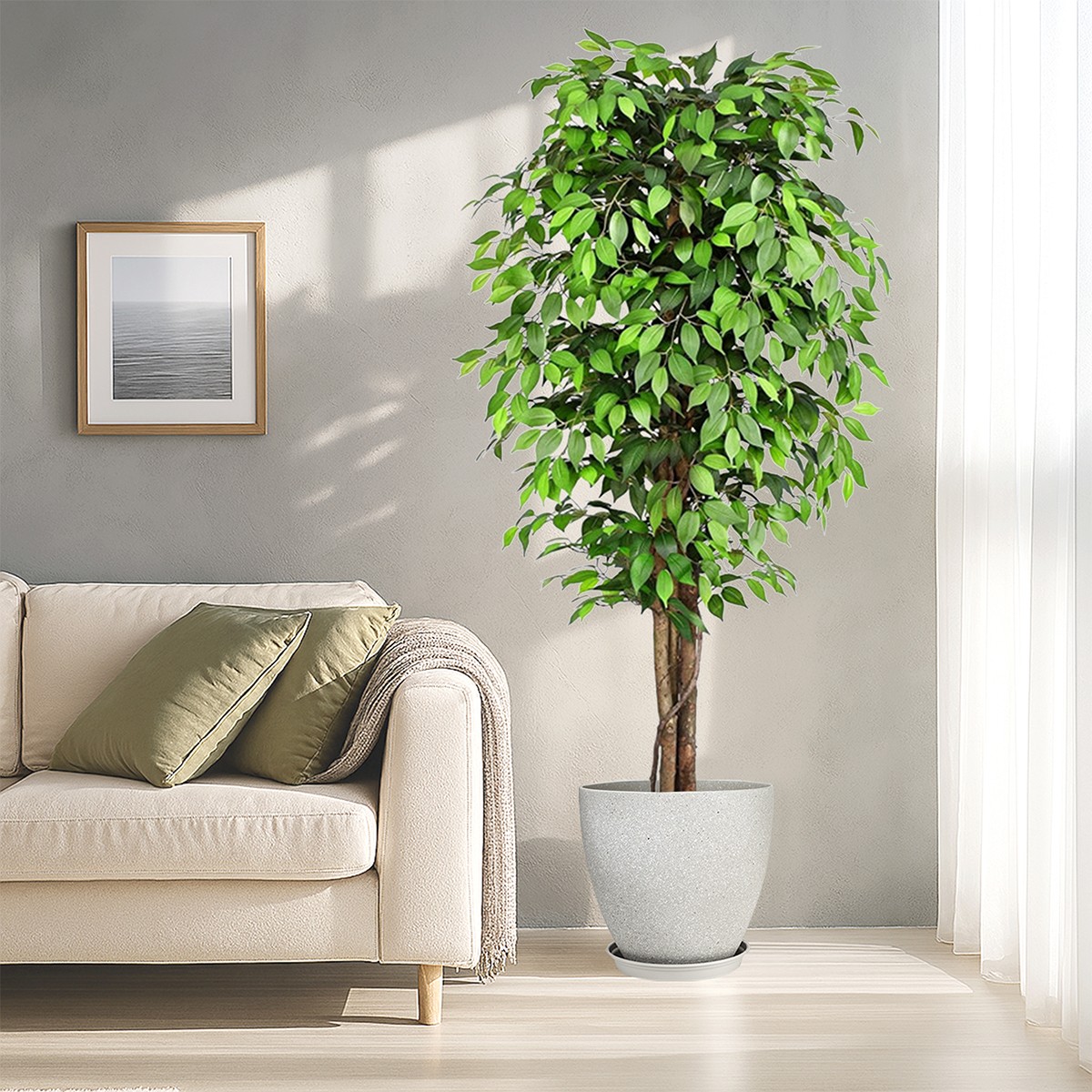 Artificial Ficus Tree with Plant Pot, Silk Fake Ficus Tree in Plastic