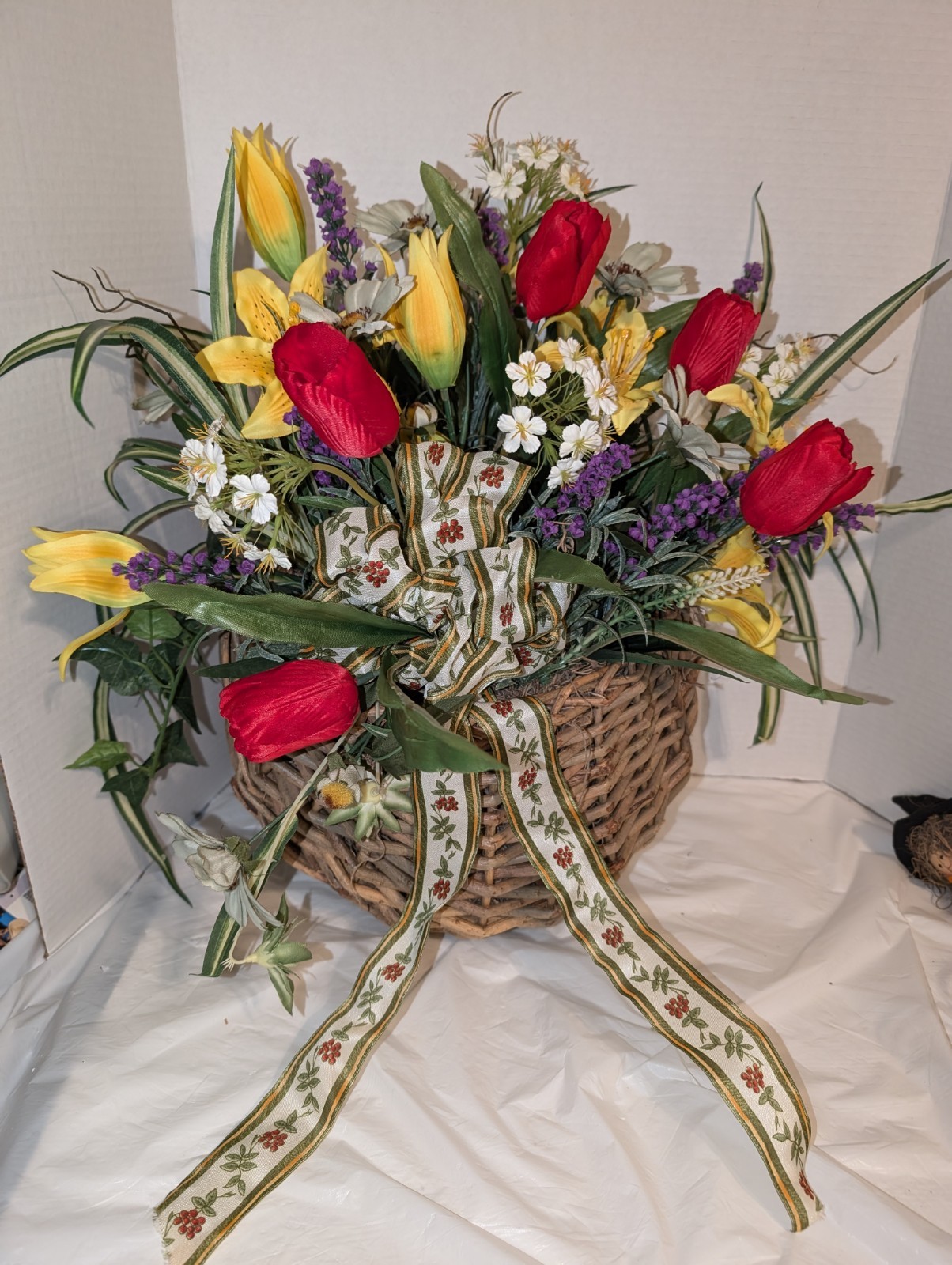 Handmade Lavender & Many Mixed Artificial Flowers Hanging Wall Basket 25”