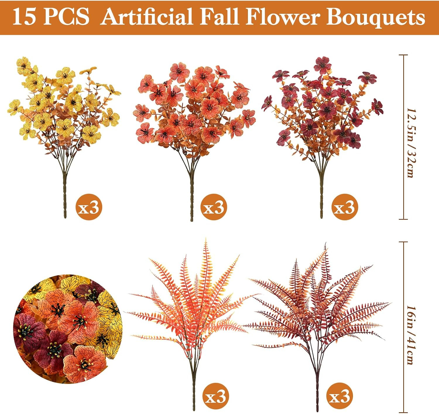 Artificial Fall Flowers for Outdoors, Fall Flowers Decor, 15Pcs Fake Mums | UV R