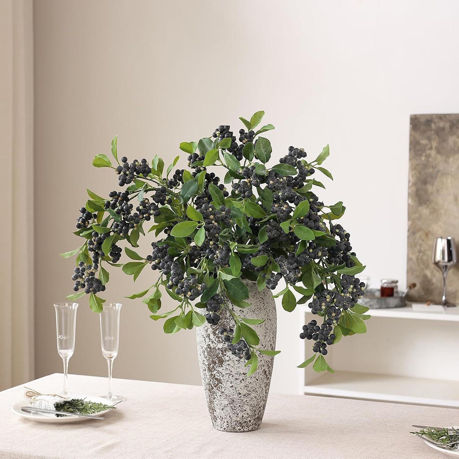 4Pcs 33″ Artificial Blueberry Stems – Realistic Faux Fruit for Home Decor
