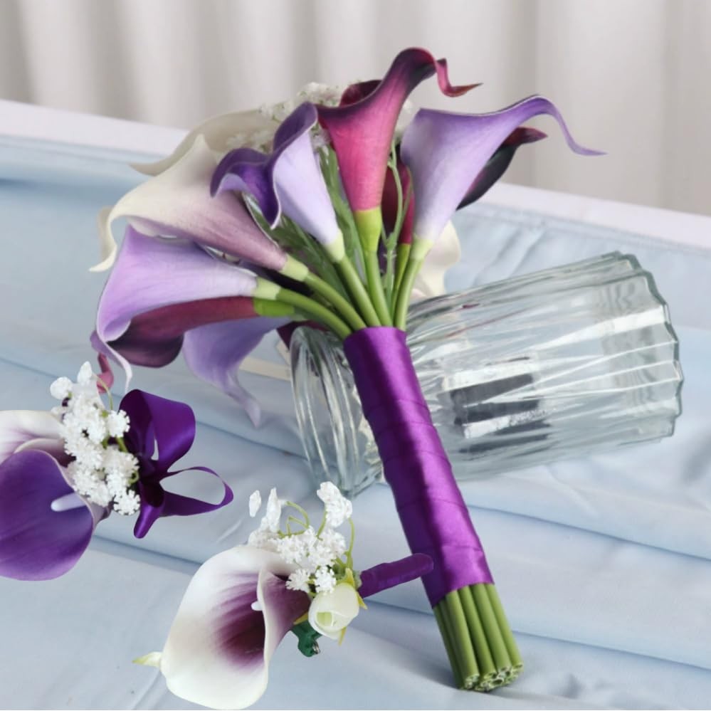 2 Set Purple Artificial Flower Calla Lily Flowers Corsage and Boutonniere for…