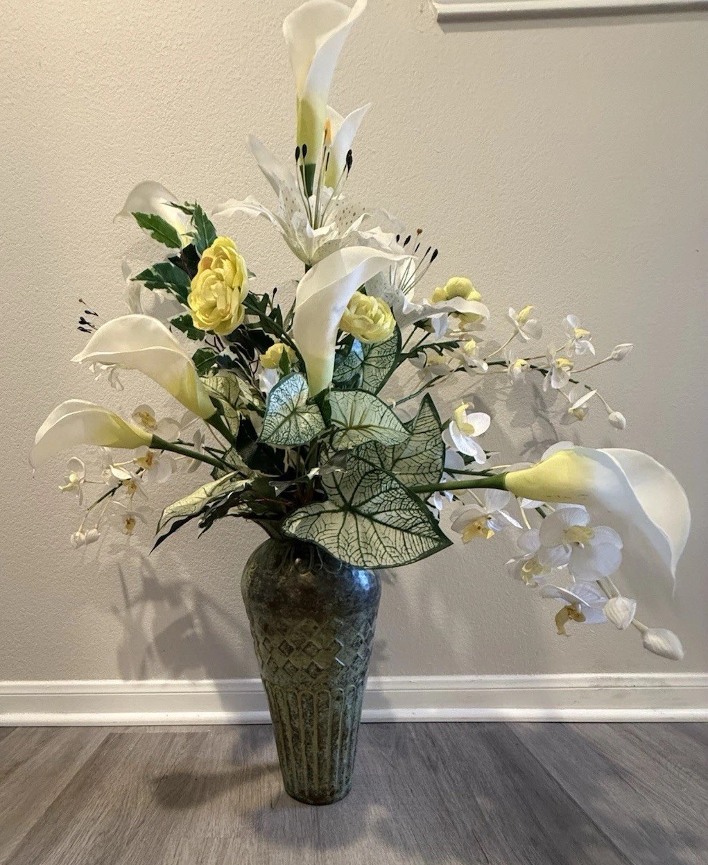 Silk Floral White Callas Lillies Yellow Roses And White Orchids Set In Textured