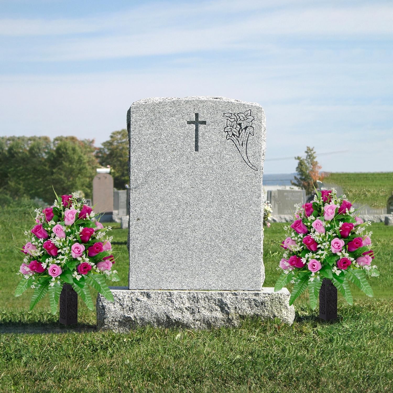 2 Sets Artificial Cemetery Flowers, Purple and Pink Realistic Roses Bouquet, …