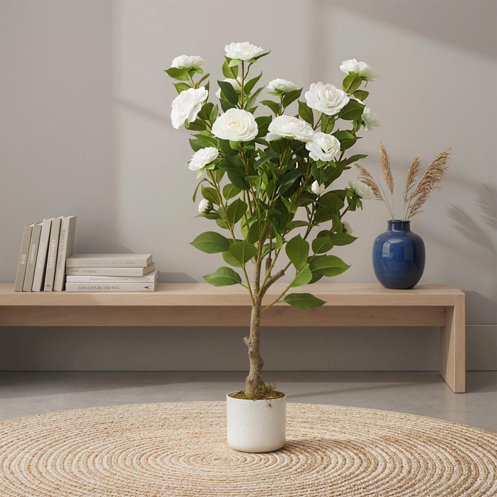 2.8FT Artificial Camellia Tree White Planter&20 Flowers,Faux Flower Plant,Decor