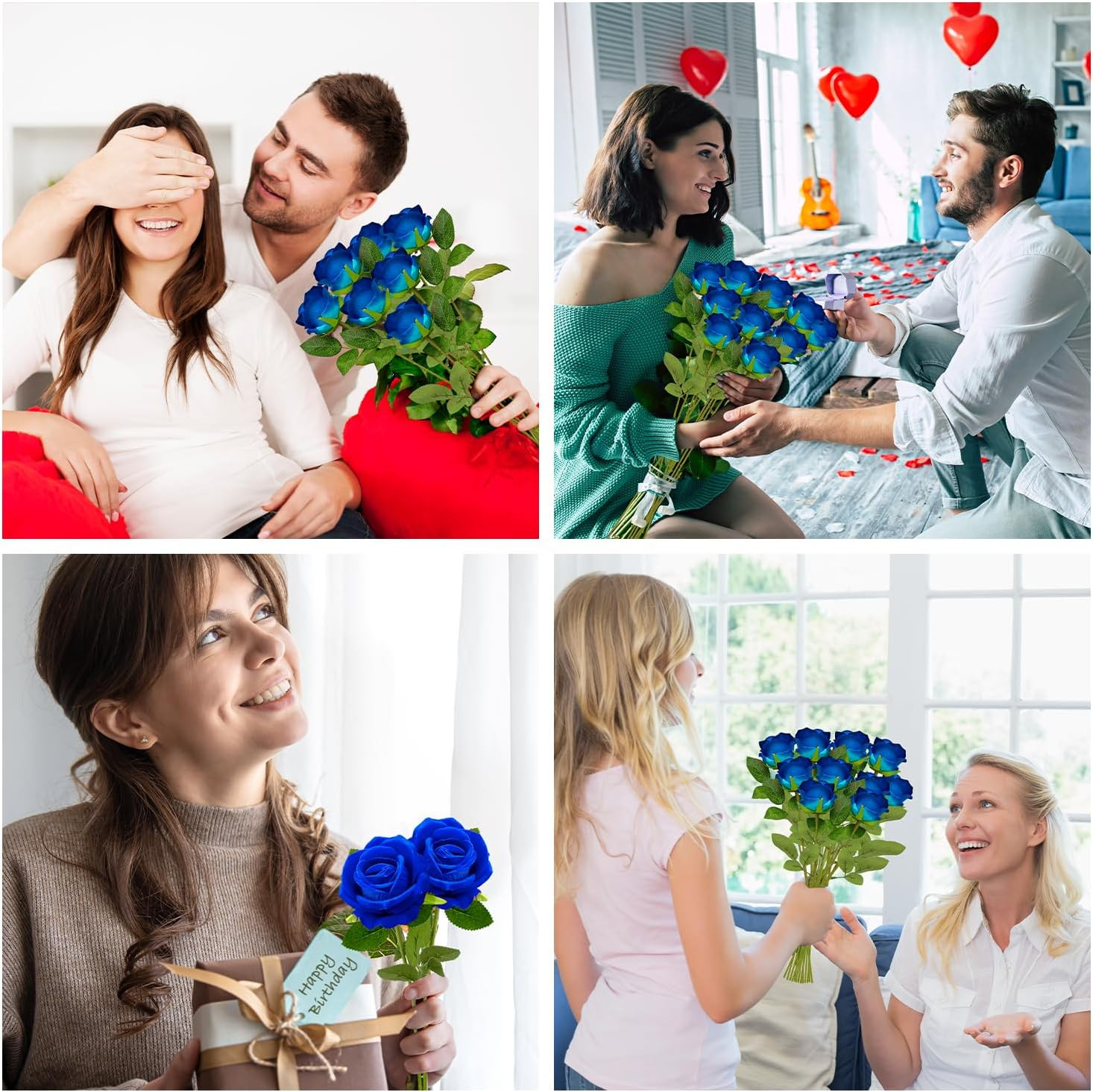 Bulk Artificial Flowers 50 PCS, Fake Velvet Silk Blue Roses with Long Stems Real