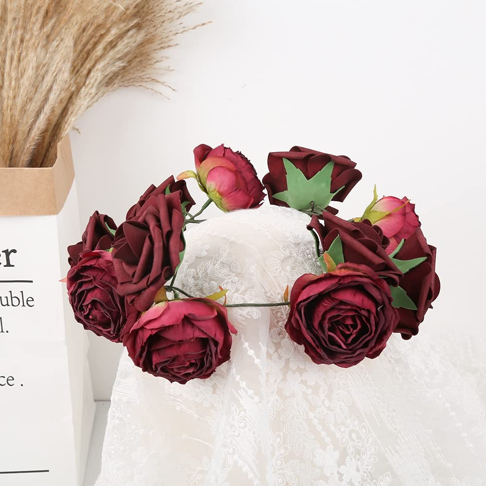 IPOPU Burgundy Artificial Flowers Roses Heads 25pcs Fake Dried for Decoration