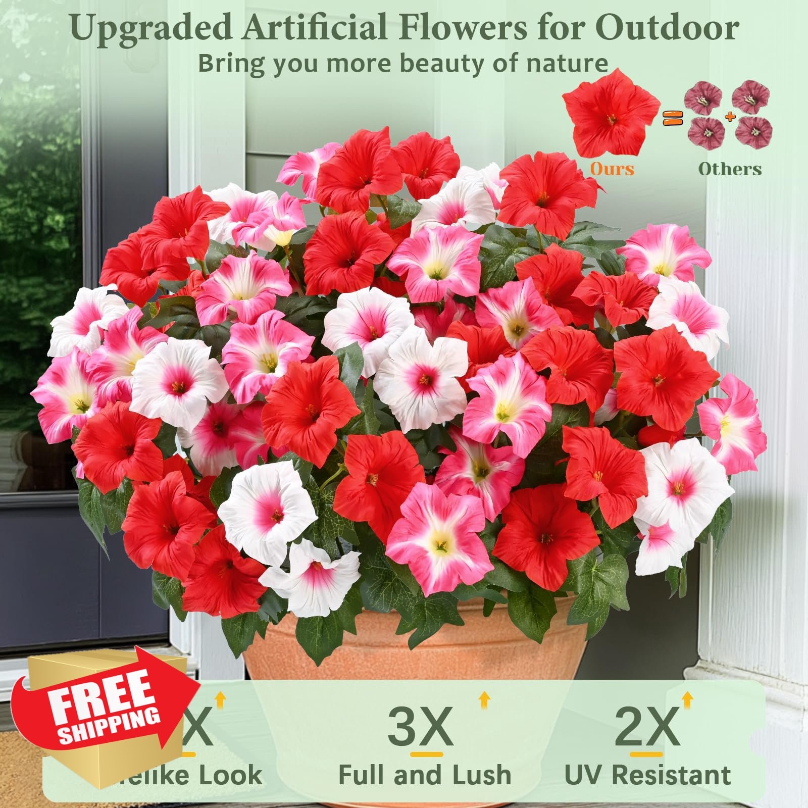 4 Bundles Red Pink White Artificial Flowers Outdoor UV Resistant