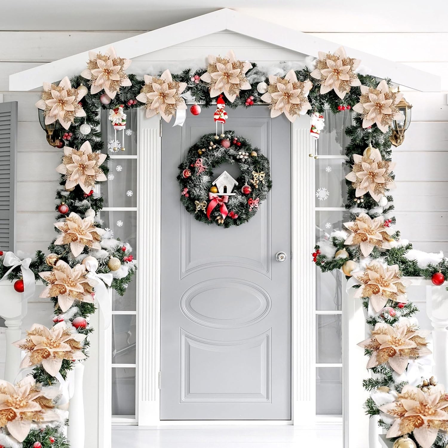 36 Flores De Nochebuena Artificiales Decorativas Con Clips, Oro Champán NEW US.