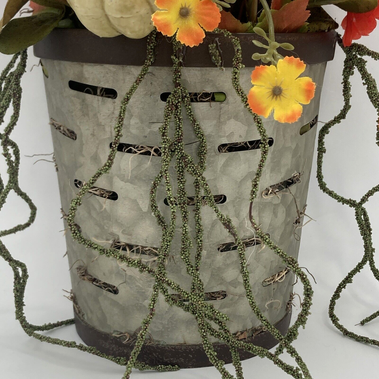 Artificial Flower Arrangement In Metal Wall Pocket Lotus Pod White Pumpkin