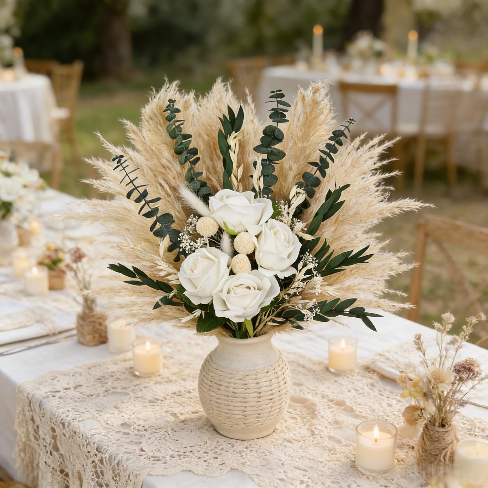 Begie Pampass Grass with Fake Roses Fluffy Dried Flowers with Eucalyptus Stem…