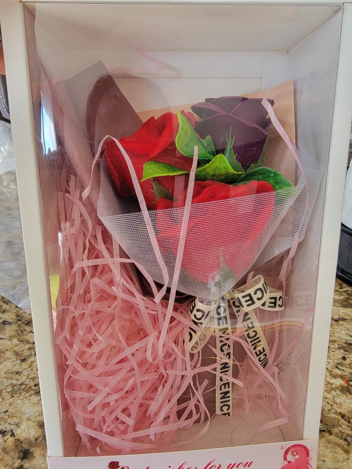 Artificial Rose Flower Bouquet Wall Decor, Display Gift Box w/ Pink Shred Filler