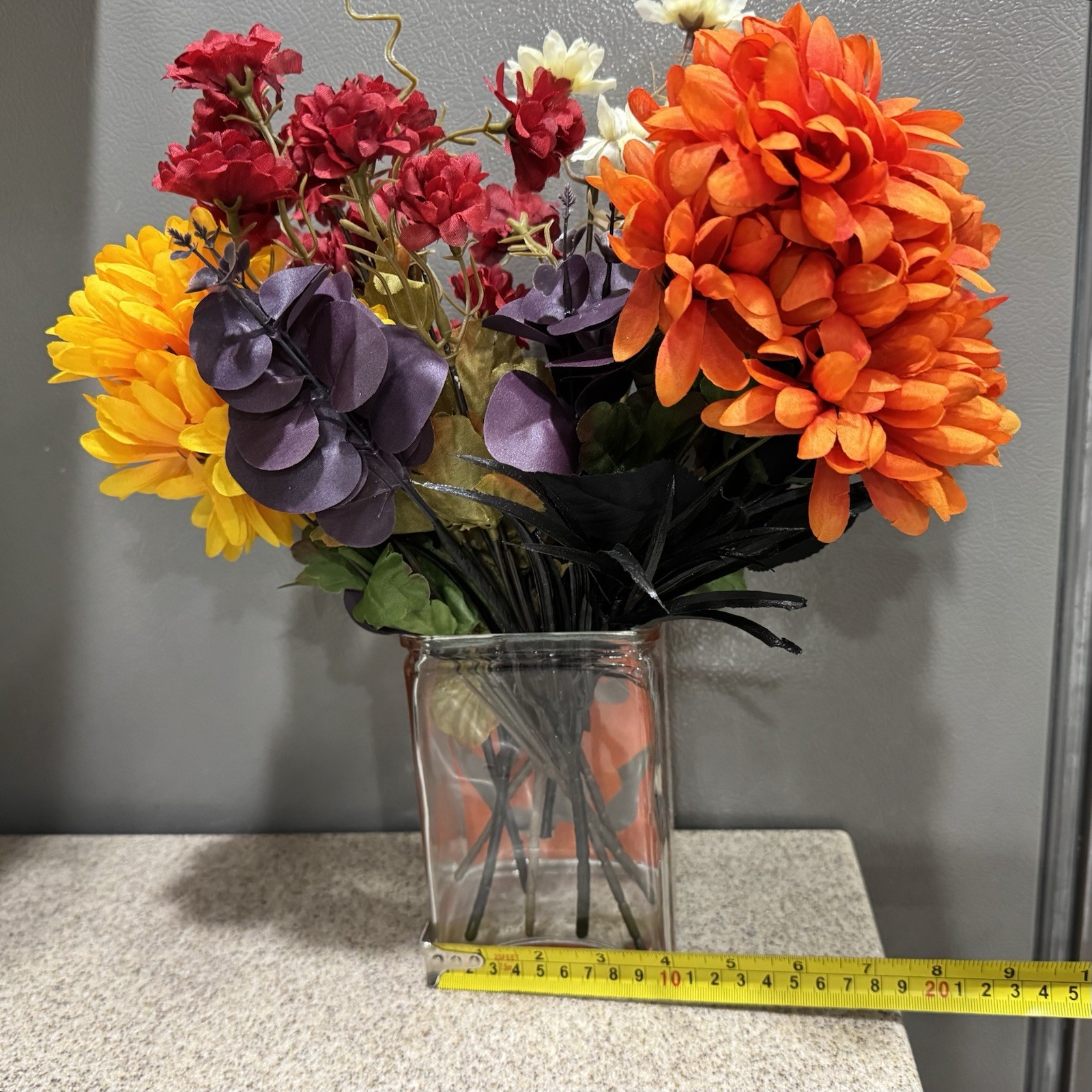 Fall Halloween 15” Display Decor Glass 6” Square Pumpkin Vase Faux Flowers EUC