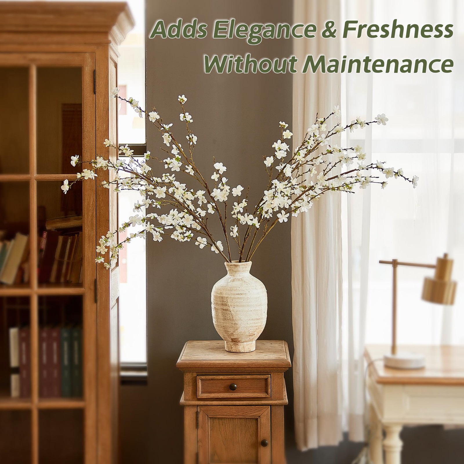 4 PCS 43″ White Realistic Silk Artificial Cherry Blossom Branches Faux Flowers
