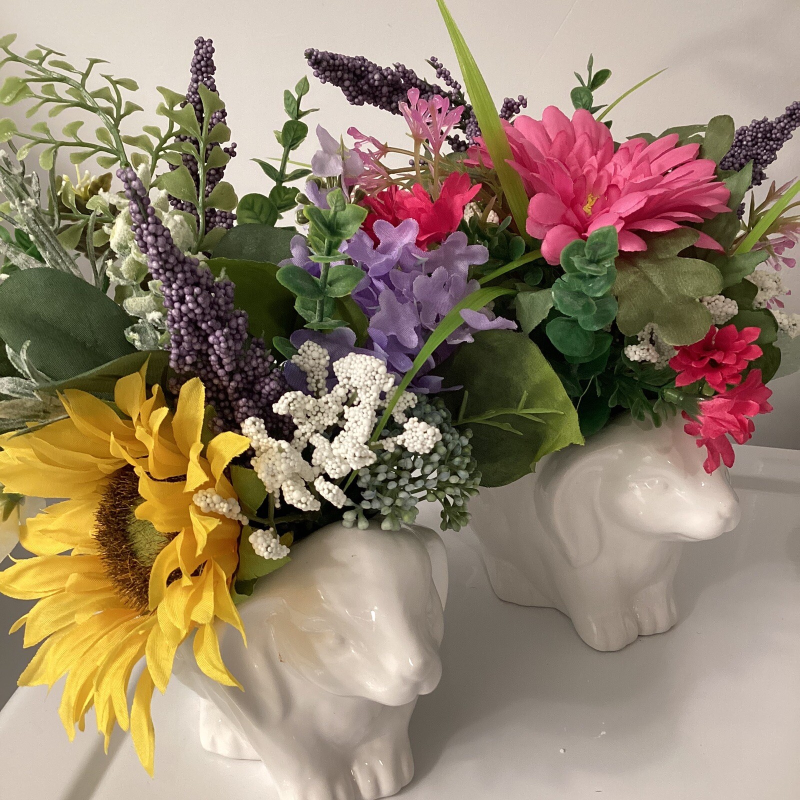 Cottage Ceramic Bunny Floral Decor “French Countryside” Sunflowers & Lavender