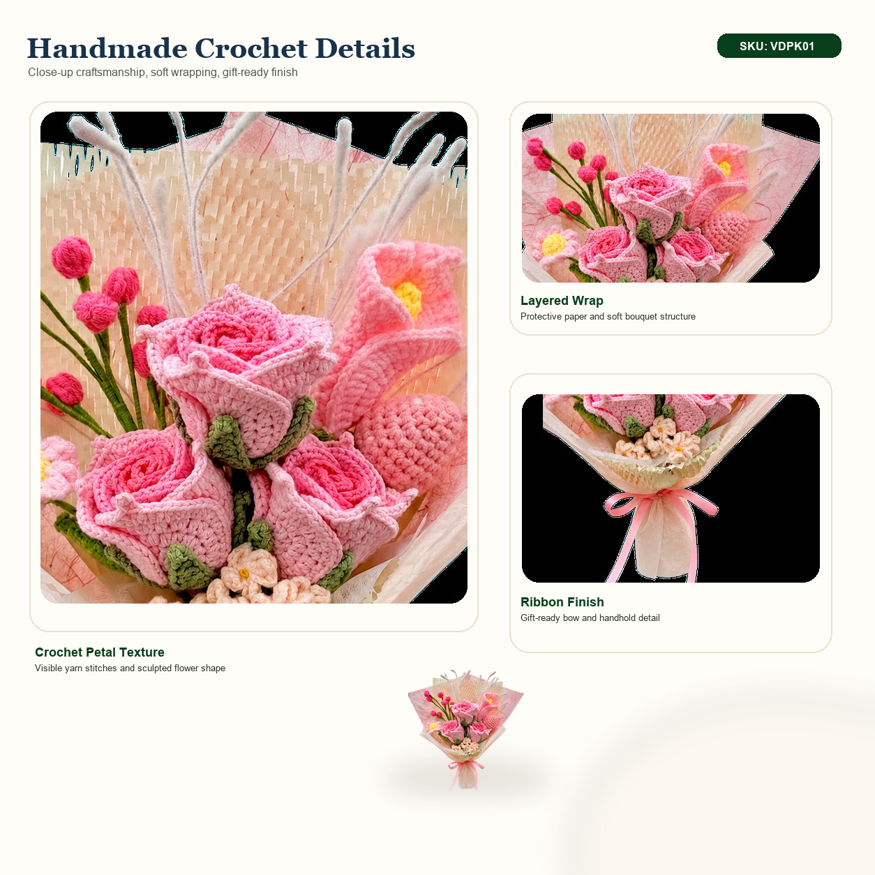 Handmade Crochet Rose Bouquet Pink Blush Yarn Flowers Valentine Gift