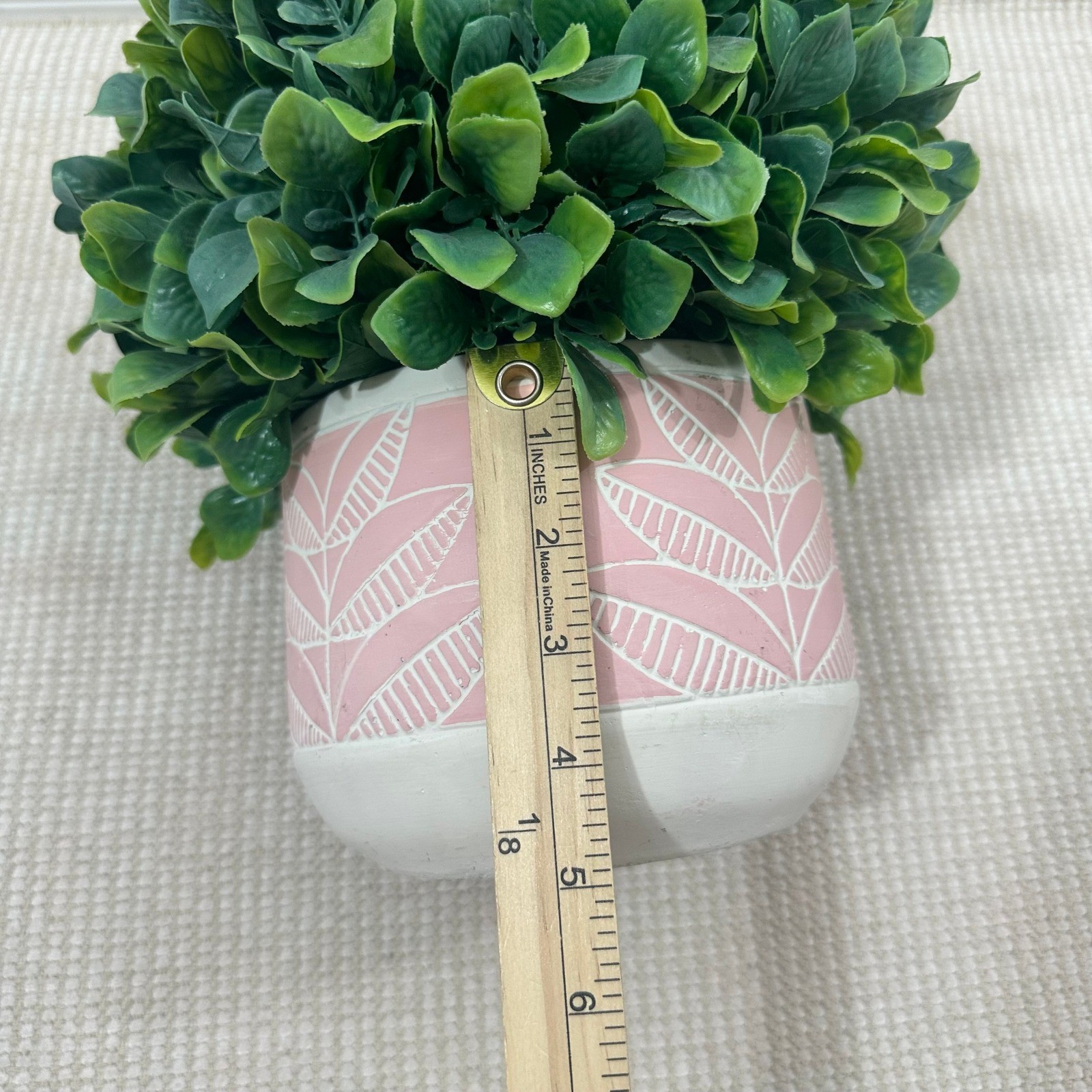 Artificial Boxwood Topiary Ball in Pink Etched Leaf Ceramic Pot 10in Green Faux