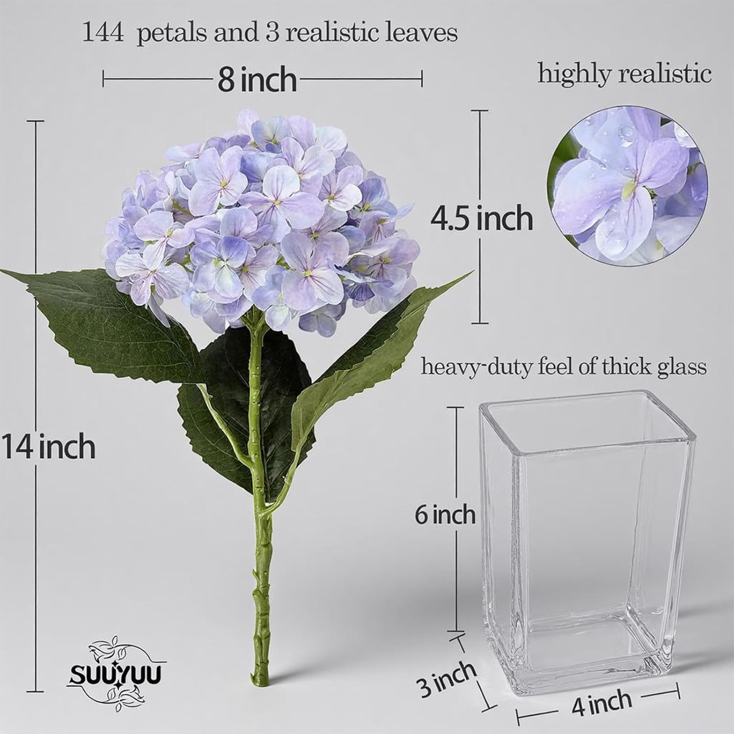 Real Touch Hydrangea Silk Flowers in Glass Vase – Elegant Home Decor Centerpiece
