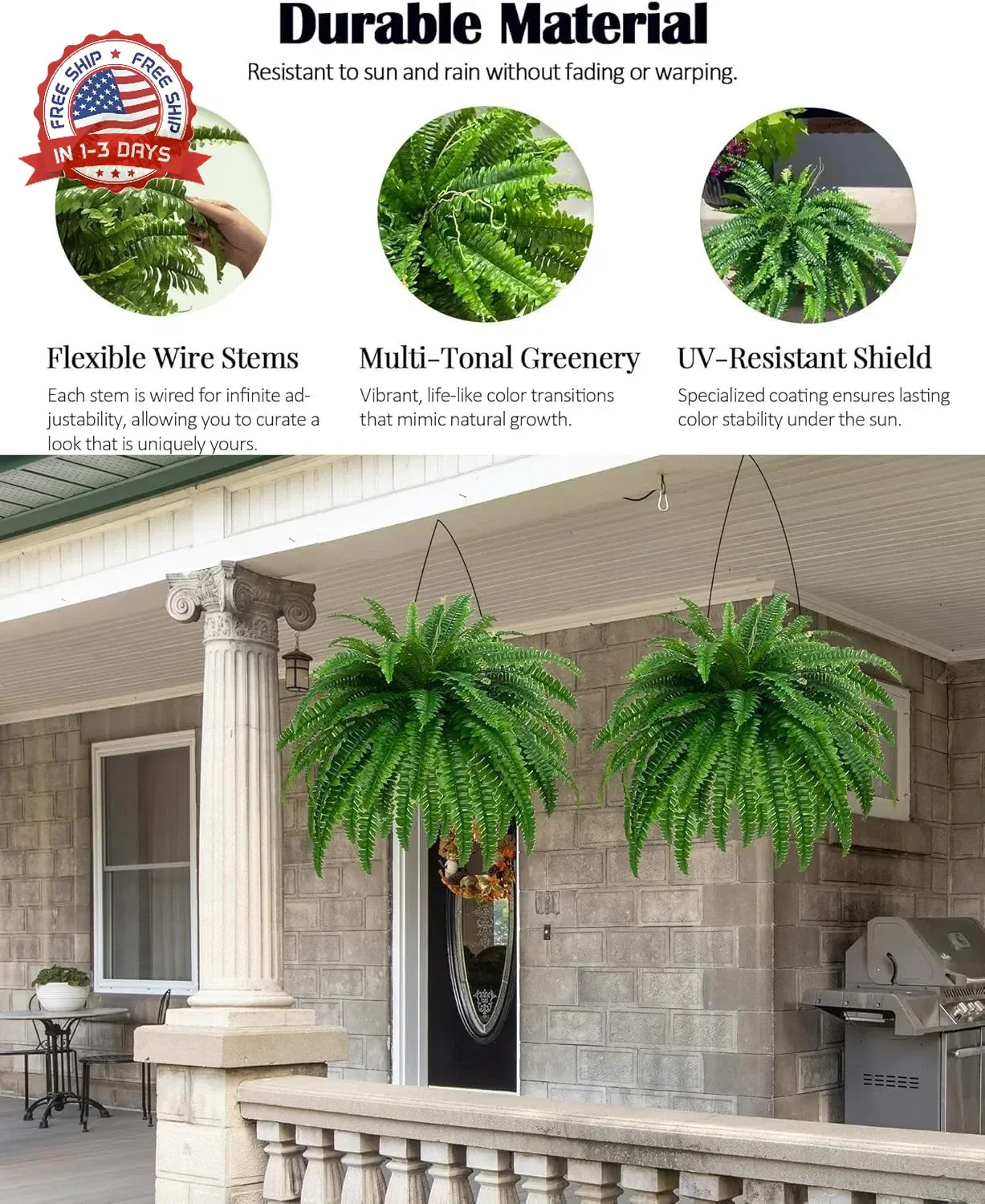 GYERB 48″ Large Artificial Boston Fern Plants for Outdoor Indoor, Fake Ferns for