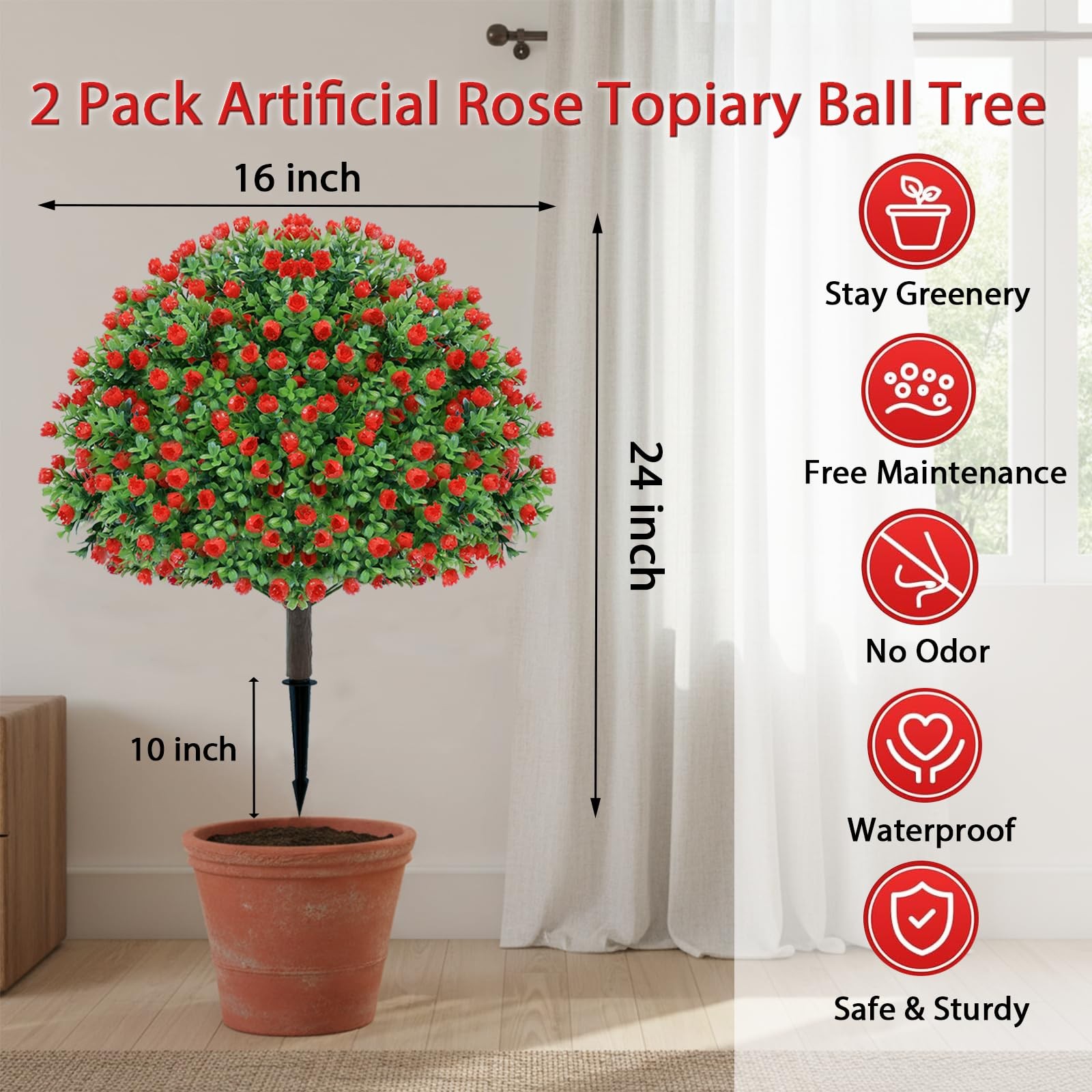 24’’ Artificial Boxwood Topiary Ball Tree with Rose – Set of 2 Artificial Shr…
