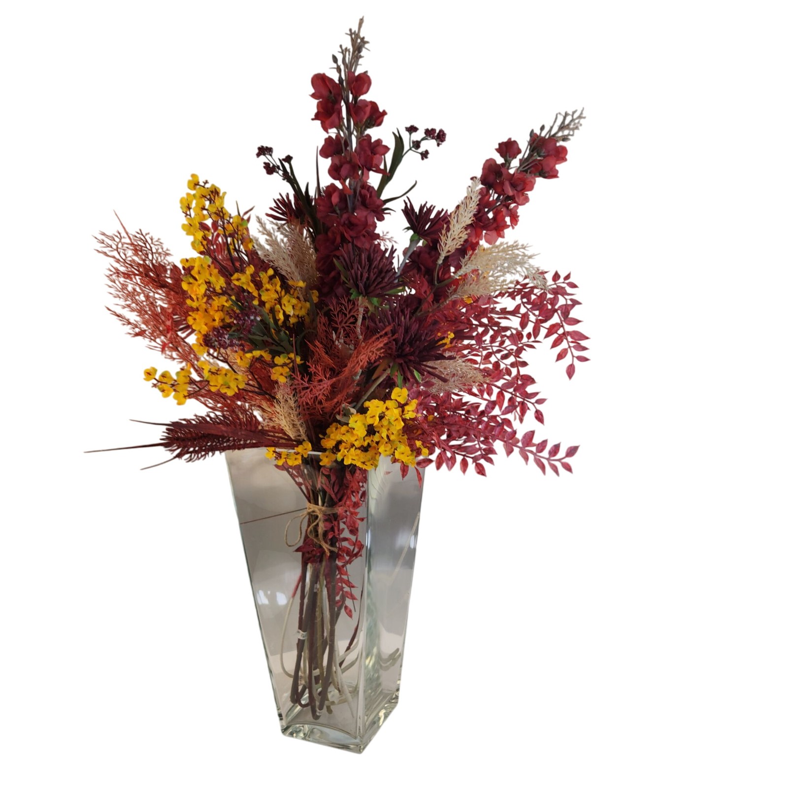 Hand Tied Artificial Flower Bouquet With Dark Reds and Yellow Wildflower mixture