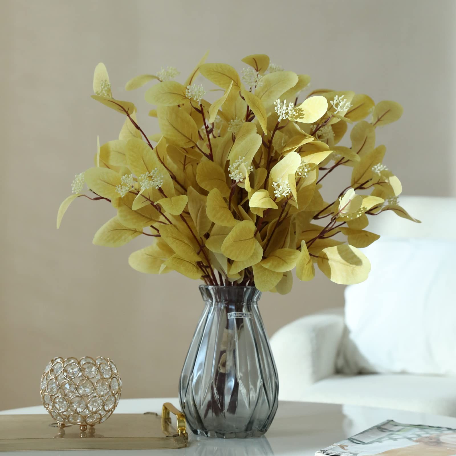12Pcs Artificial Eucalyptus Stems, 20″ Faux Silk Leaves with Beige Berries Li…