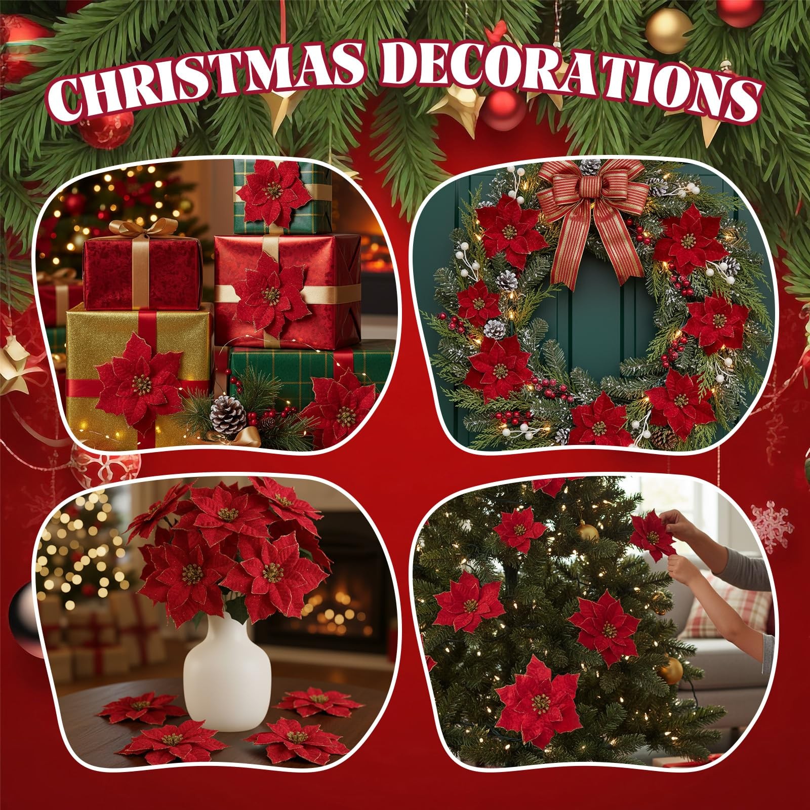 18 PCS 3 Size Velvet Glitter Christmas Poinsettia Flowers Artificial Clips Red