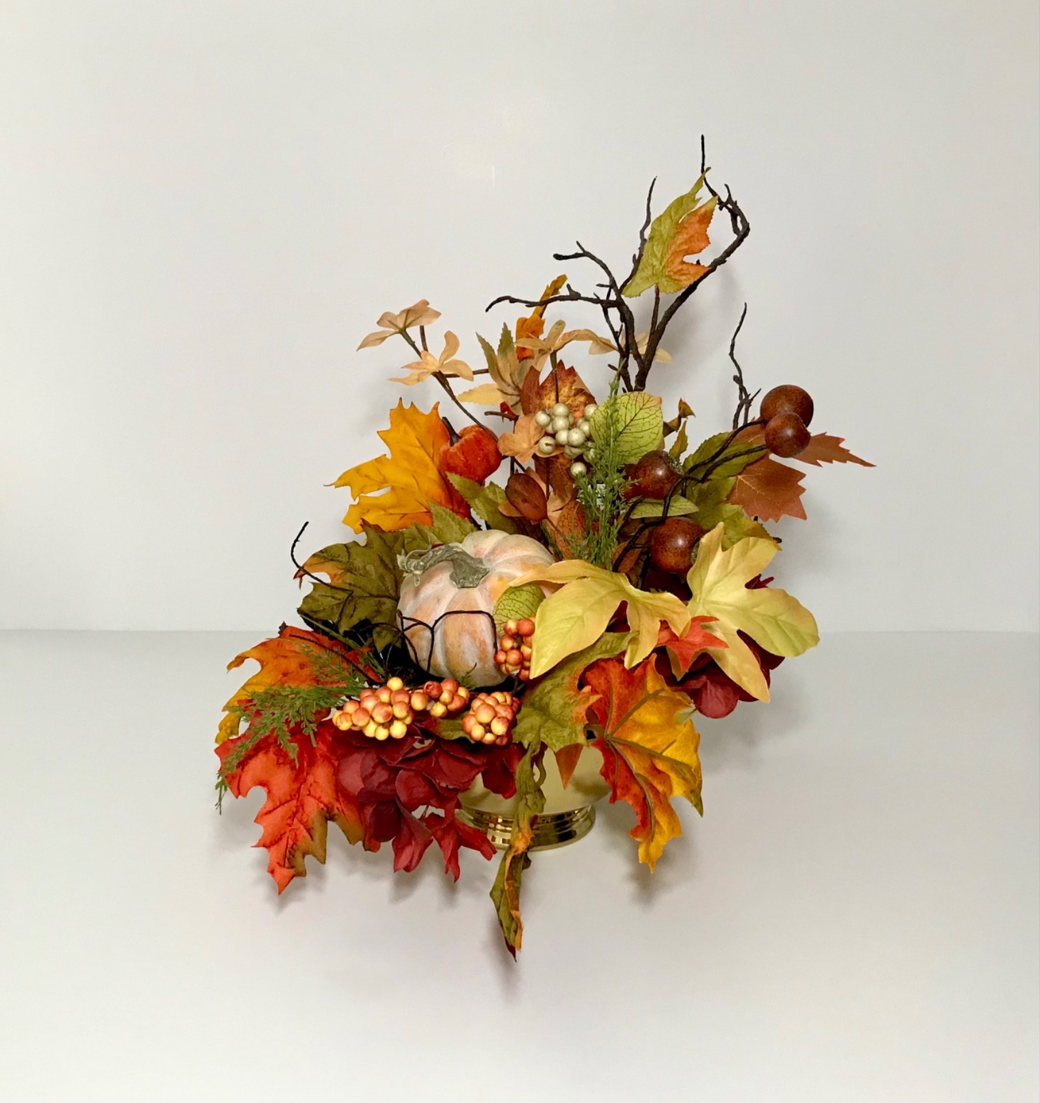 MODERN FALL HARVEST ARRANGEMENT BRASS CONTAINER THANKSGIVING CENTERPIECE TABLE