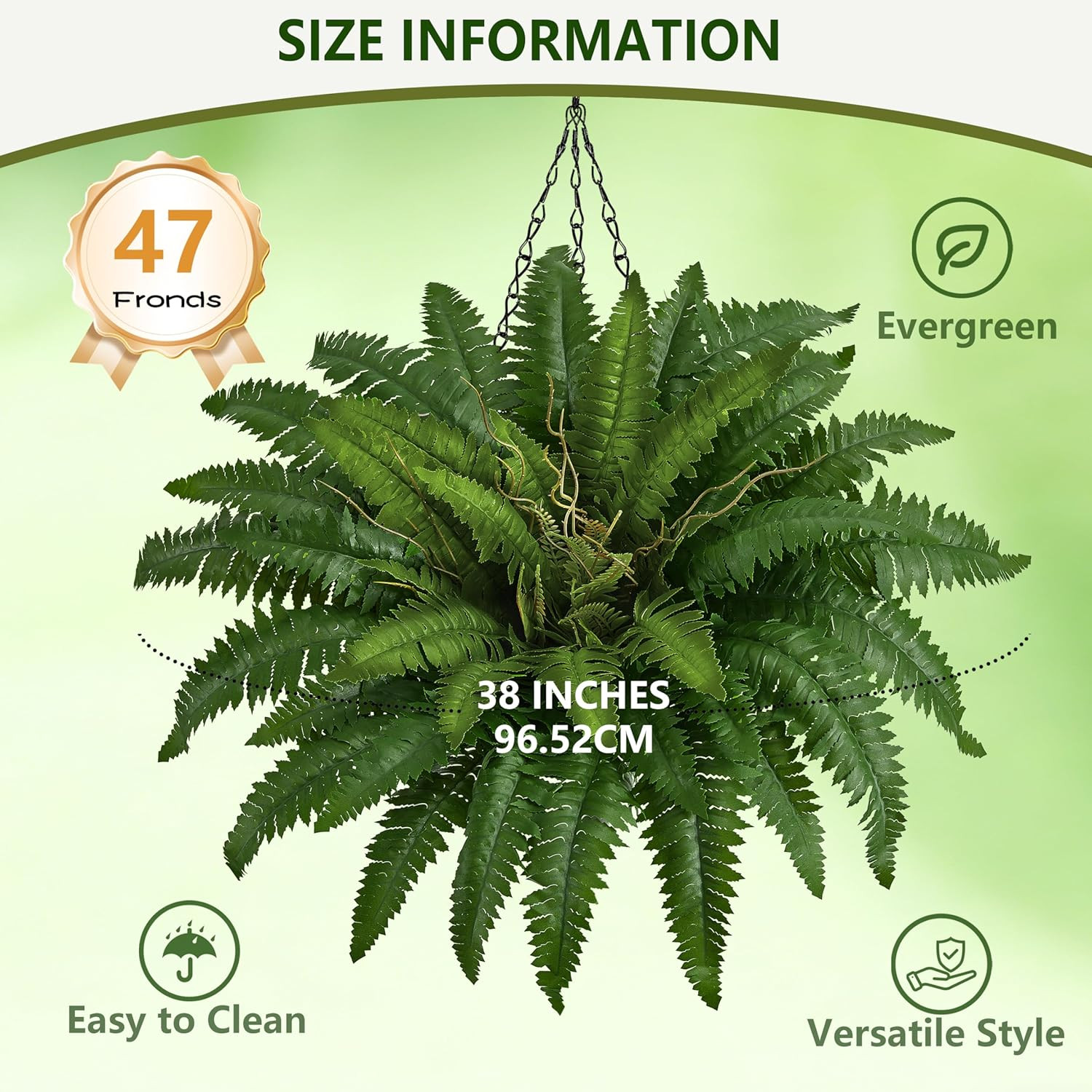38″ Artificial Boston Ferns Bush Plants, Set of 2, Large Faux Ferns Hanging Deco